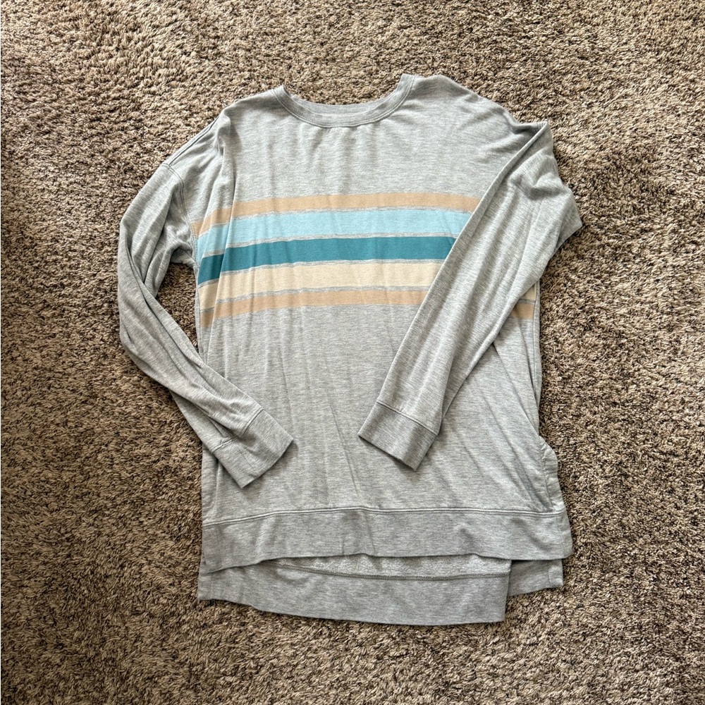 Thread & Supply Gray Top with Teal and Cream Stripes